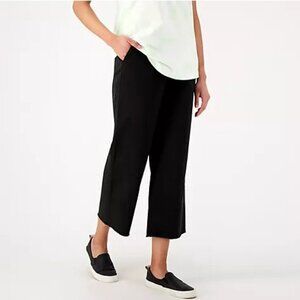 Denim & Co. Petite EasyWear Twill Frayed Hem Wide Leg Pant-Black-Petite Large